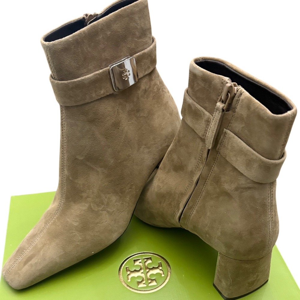 Tory Burch Thompson Tan Suede Square Toe Block Heel Ankle Boots Size 6.5M NWB